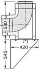 Edelstahlaußenwandanschluss mit abgewinkeltem Rohr für Abgassysteme, dargestellt mit Maßlinien, geeignet für die Installation in der Fassade. Vaillant Produkt.